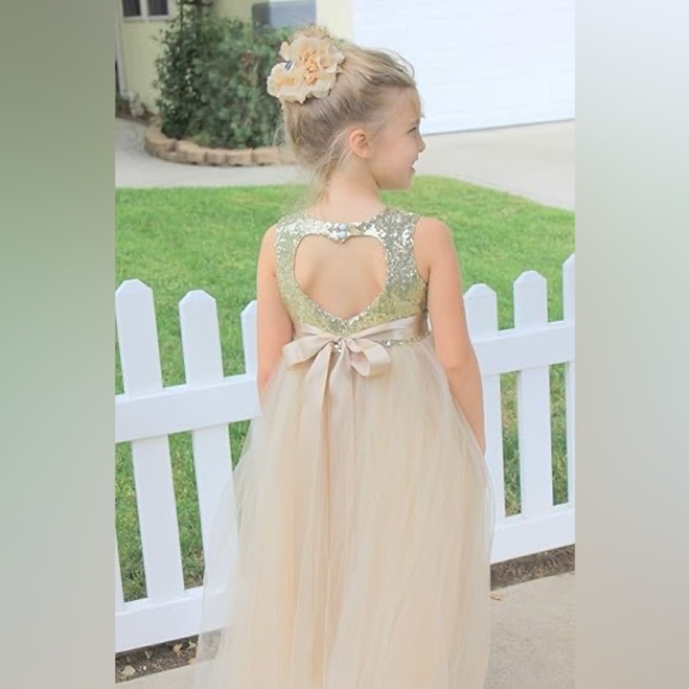 Gold Heart Cutout Sequin Formal Flower Girl Tulle Satin Dress Size 3